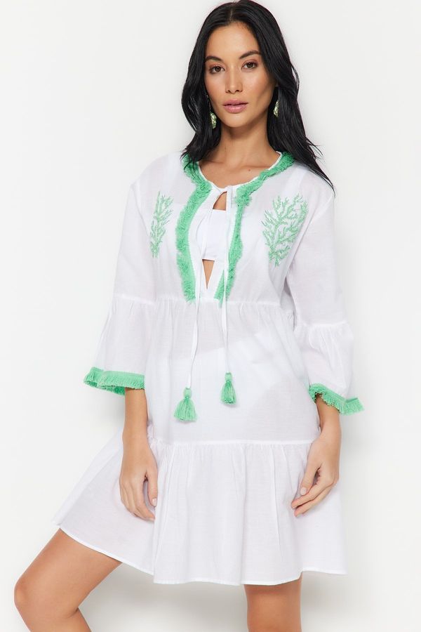 Trendyol Trendyol Green Mini Woven Tassels 100% Cotton Beach Dress
