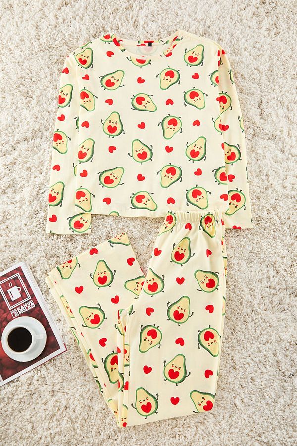 Trendyol Trendyol Green-Multicolored 100% Cotton Avocado and Heart Patterned Knitted Pajama Set