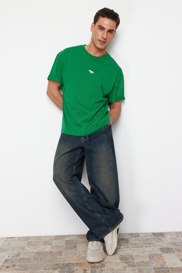 Trendyol Trendyol Green Oversize/Wide-Fit Dinosaur Embroidery 100% Cotton T-Shirt
