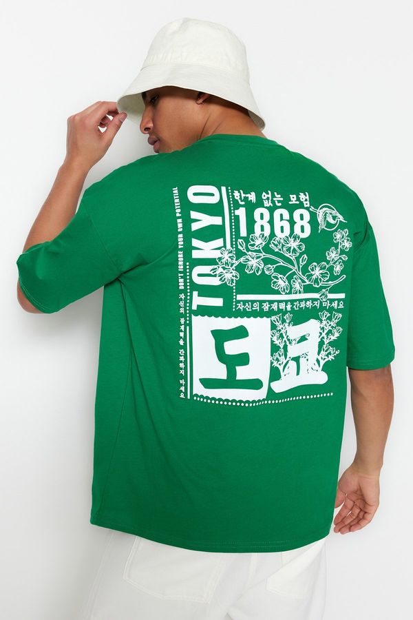 Trendyol Trendyol Green Oversize/Wide-Fit Oriental Print Short Sleeve 100% Cotton T-Shirt