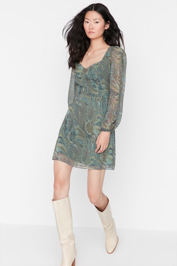 Trendyol Trendyol Green Paisley Patterned Balloon Sleeve Woven Dress