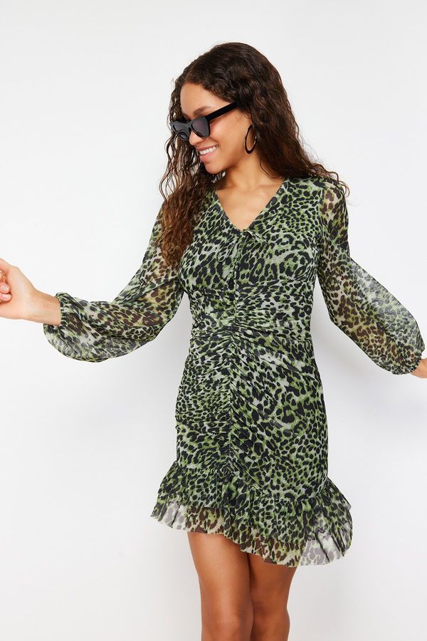 Trendyol Trendyol Green Patterned Draped V-Neck Ruffle Detailed A-line Mini Tulle Knitted Dress