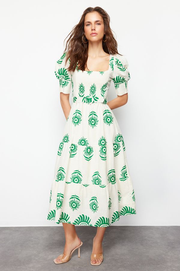 Trendyol Trendyol Green Patterned Square Collar Linen Look Woven Midi Dress with Belt