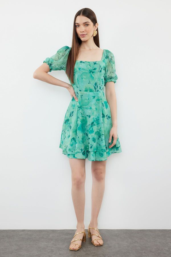 Trendyol Trendyol Green Patterned Waist Opening Mini Lined Chiffon Woven Dress