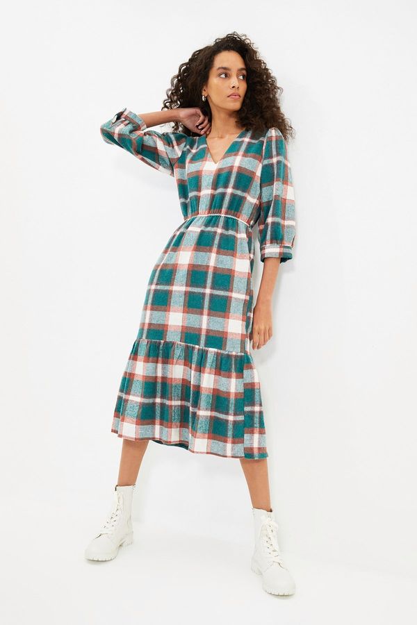 Trendyol Trendyol Green Plaid V-Neck Dress