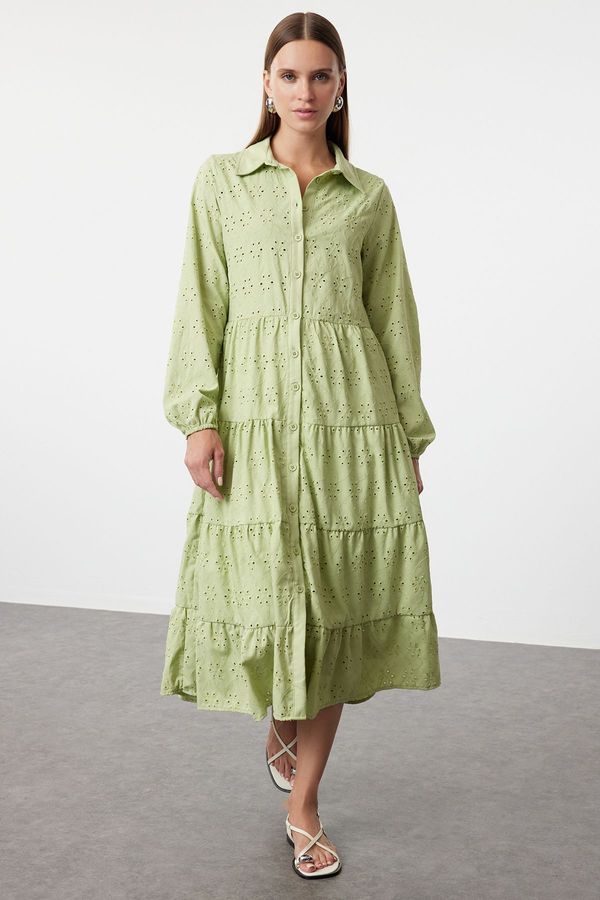 Trendyol Trendyol Green Plain Embroidery Midi Shirt Woven Dress