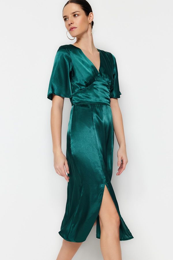 Trendyol Trendyol Green Plain Fit Midi Woven Satin V-Neck Slit Woven Dress
