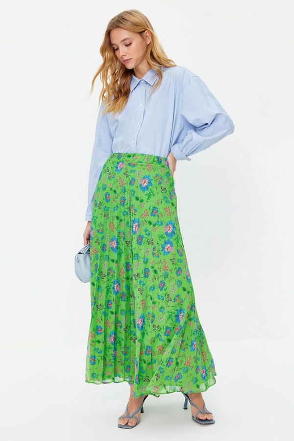 Trendyol Trendyol Green Pleated Floral Pattern Lined Chiffon Woven Skirt