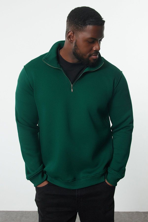 Trendyol Trendyol Green Plus Size Regular/Normal Cut Stand Collar Zippered Inside Polar Fleece Sweatshirt