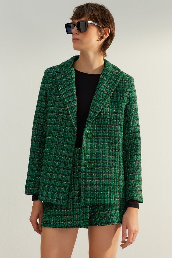 Trendyol Trendyol Green Premium Regular Lined Woven Plaid Blazer Jacket