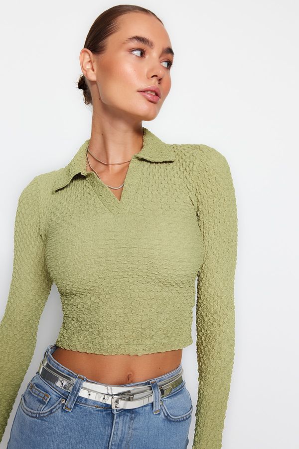 Trendyol Trendyol Green Premium Textured Fabric Polo Neck Fitted/Situated Crop Knitted Blouse