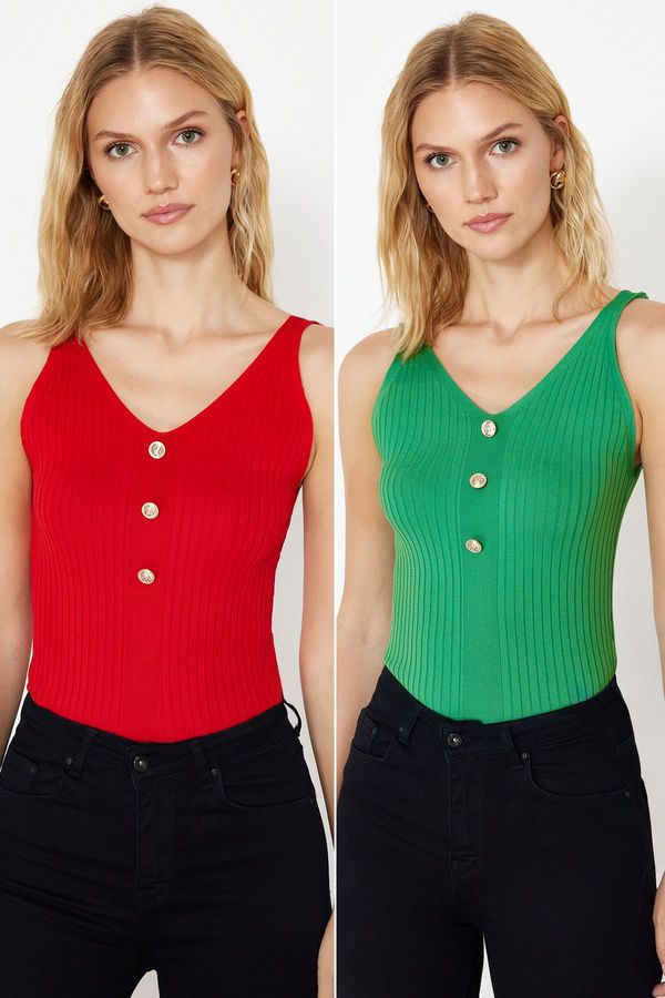 Trendyol Trendyol Green-Red Double Pack V-Neck Top Knitwear Thin Blouse