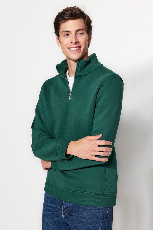 Trendyol Trendyol Green Regular/Normal Cut Stand Collar Zippered Cotton Basic Fleece Sweatshirt