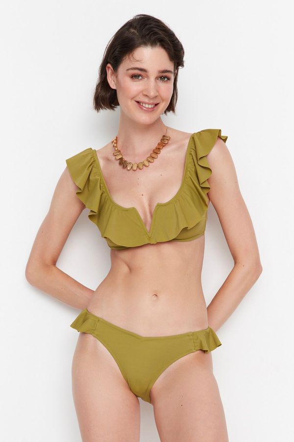 Trendyol Trendyol Green Ruffle V-Wire Detailed Bikini Top