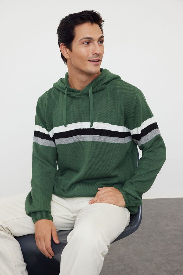 Trendyol Trendyol Green Slim Fit Hooded Striped Knitwear Sweater