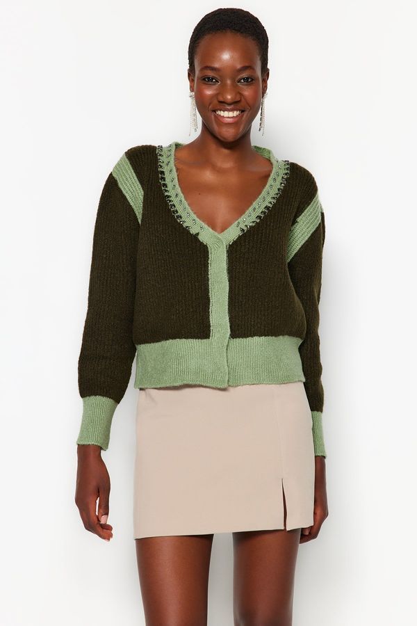Trendyol Trendyol Green Soft Textured Color Block Knitwear Cardigan