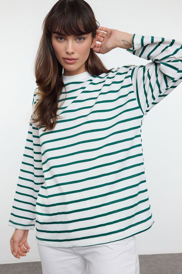 Trendyol Trendyol Green Striped Oversize/Wide Cut Crew Neck Thin Knitted Sweatshirt