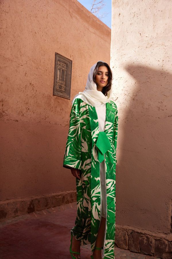 Trendyol Trendyol Green Tropical Pattern Long Woven Kimono & Kaftan