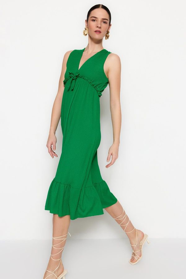 Trendyol Trendyol Green V-Neck Flounce Detailed A-Line Midi Knitted Dress