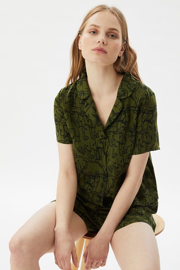 Trendyol Trendyol Green Viscose Animal Patterned Shirt-Shorts Woven Pajama Set
