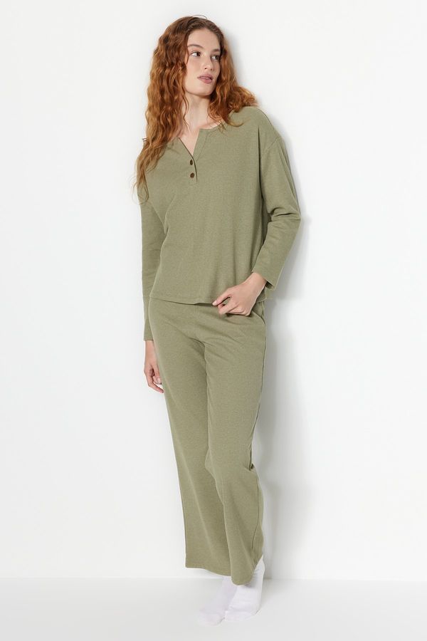Trendyol Trendyol Green Waffle Tshirt-Pants Knitted Pajama Set