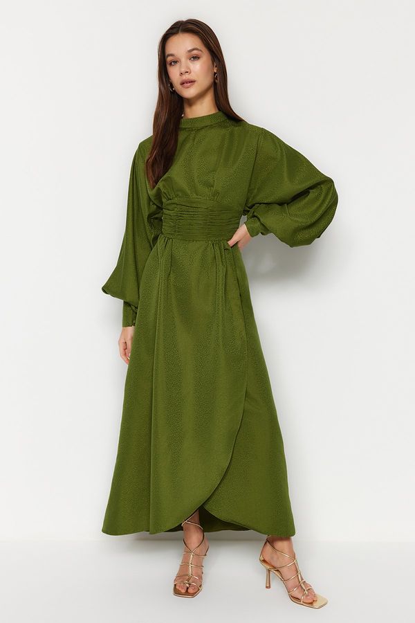 Trendyol Trendyol Green Waist Draped Balloon Sleeve Self-Patterned Evening Dress