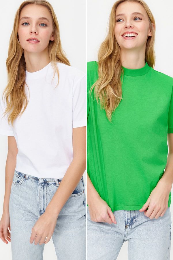 Trendyol Trendyol Green-White 2-Pack Basic High Neck Knitted T-Shirt