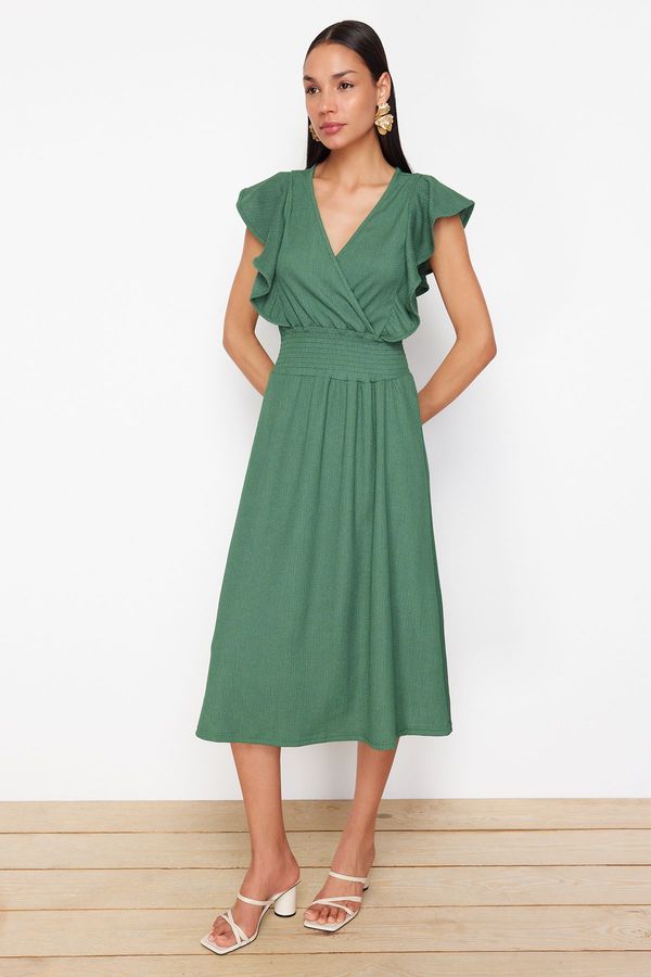 Trendyol Trendyol Green Wrapped/Textured Skater/Belden Gippeli Double Breasted Closure Stretchy Knitted Midi Dress