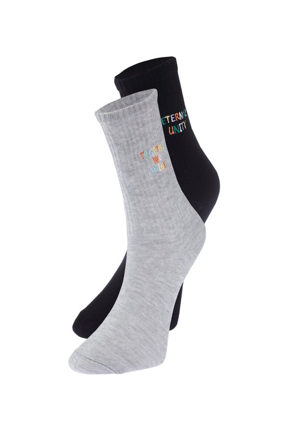 Trendyol Trendyol Grey-Black 2 Pack Cotton Embroidered Knitted Socks