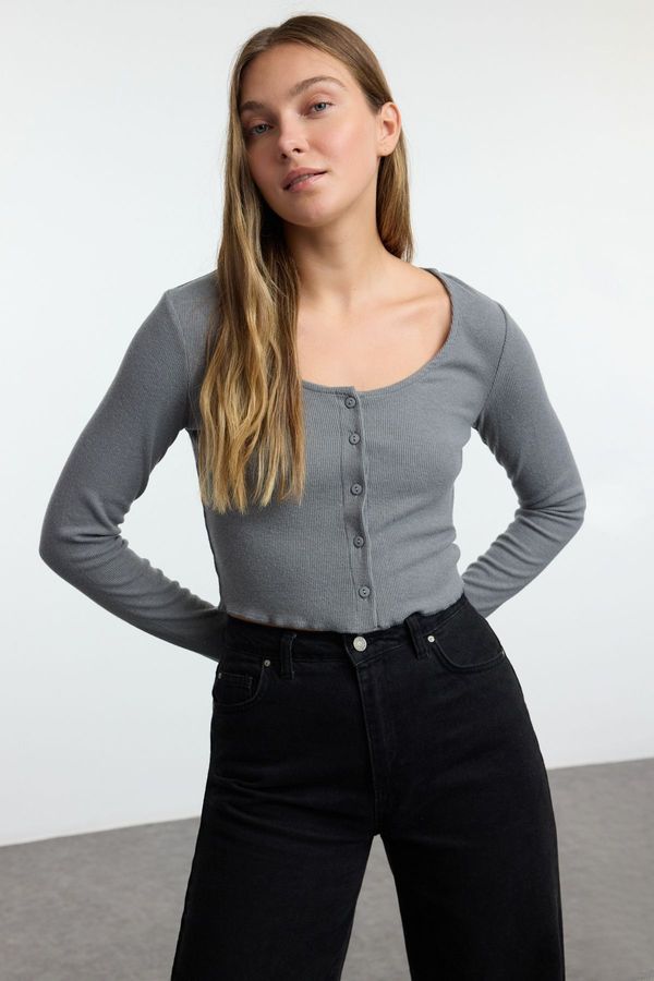 Trendyol Trendyol Grey Fitted/Body-Sit Pool Neck Flexible Knitted Blouse