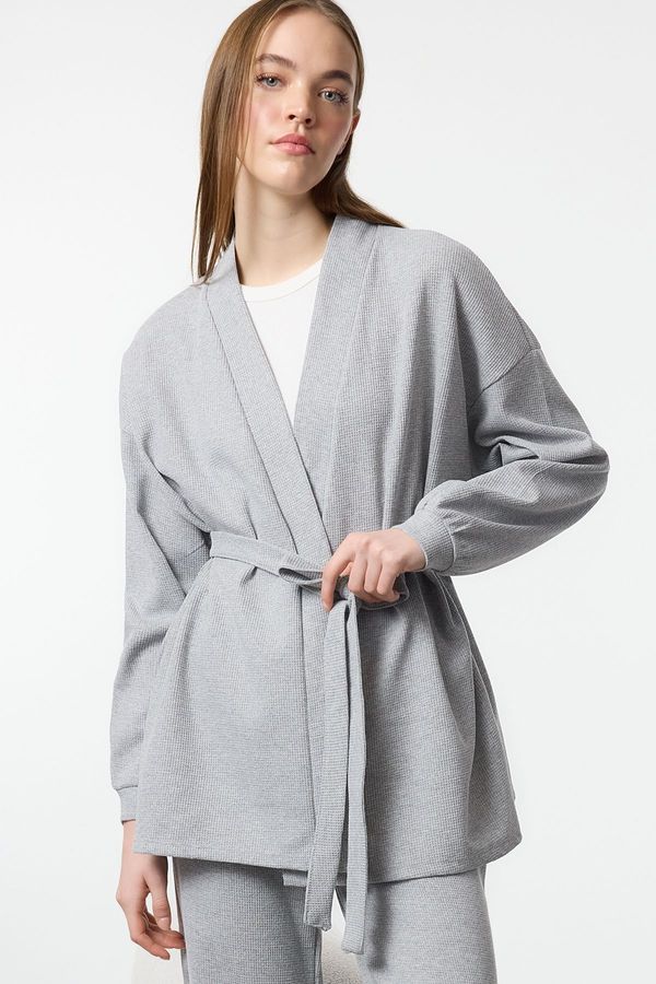 Trendyol Trendyol Grey Melange Belted Waffle Fabric Knitted Pajama Set