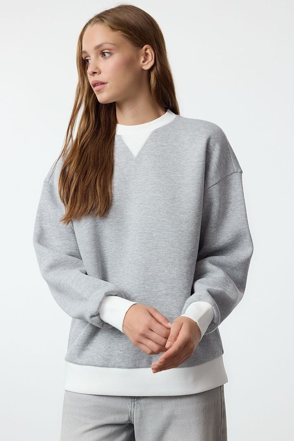 Trendyol Trendyol Grey Melange Color Block Oversize/Wide Pattern Thick Knitted Sweatshirt