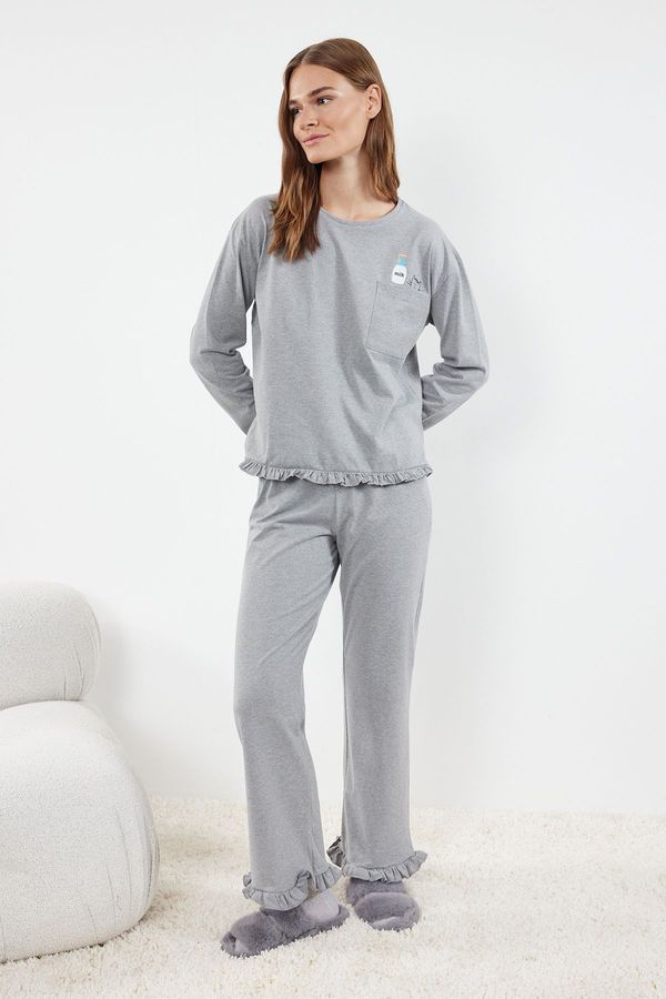 Trendyol Trendyol Grey Melange Printed Pocket and Ruffle Detailed Knitted Pajama Set