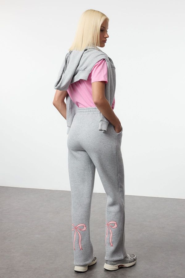 Trendyol Trendyol Grey Melange Straight/Straight Leg Bow Printed Knitted Sweatpants