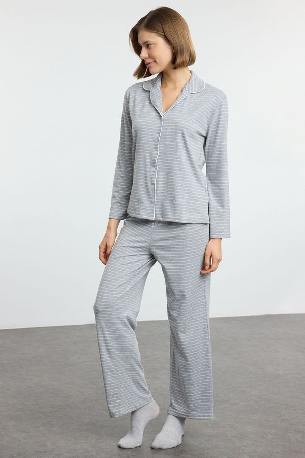 Trendyol Trendyol Grey Melange Striped Soft Touch Viscose Knitted Pajama Set