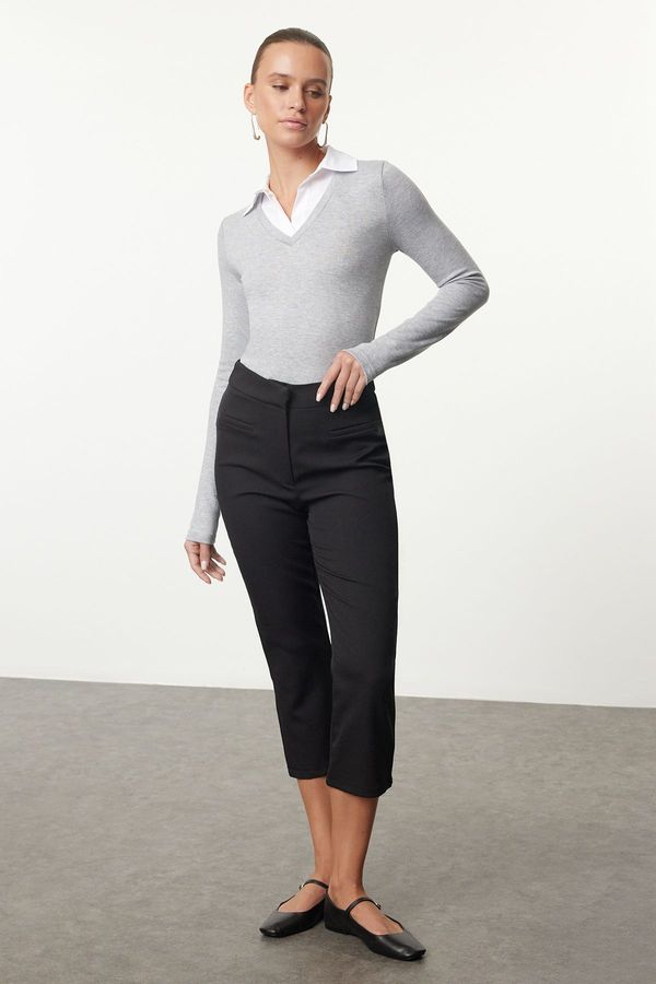 Trendyol Trendyol Grey Melange Woven Detailed Shirt Collar Regular/Normal Pattern Knitted Blouse