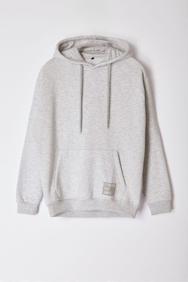 Trendyol Trendyol Grey Oversize/Wide Cut Hooded Labeled Fleece/Warm Sweatshirt