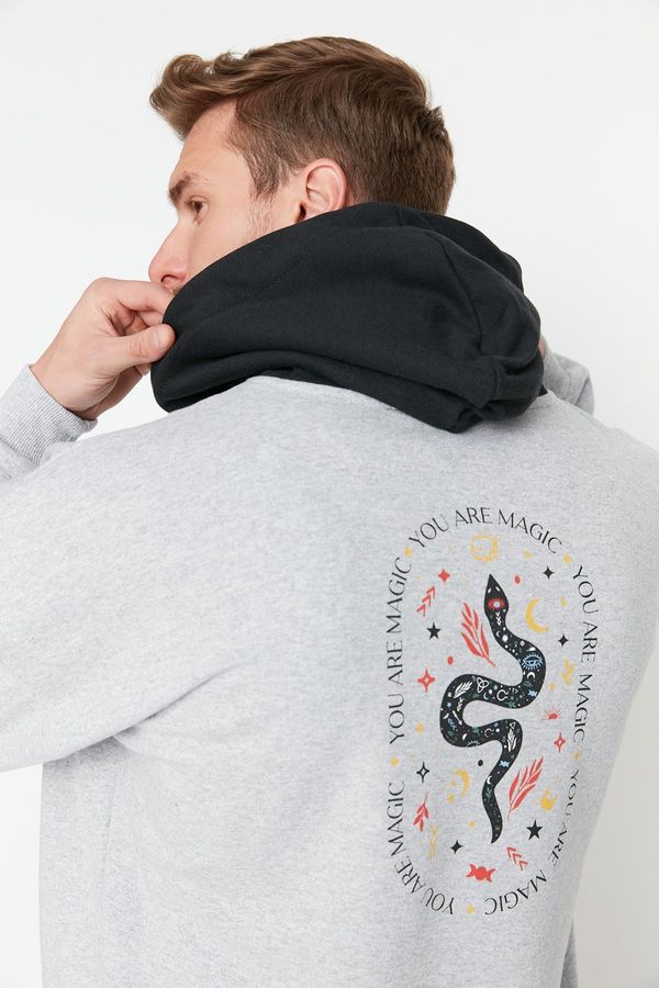 Trendyol Trendyol Grey Oversize/Wide Cut Hooded Text Printed Fleece/Warm Sweatshirt