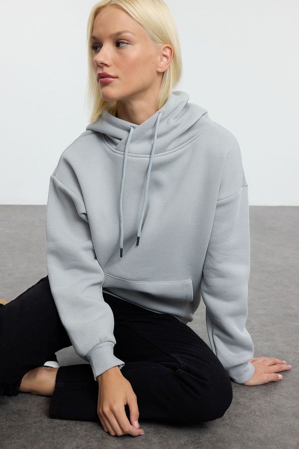 Trendyol Trendyol Grey Oversize/Wide Pattern Hooded Kangaroo Pocket Thick Polar Fleece Knitted Sweatshirt