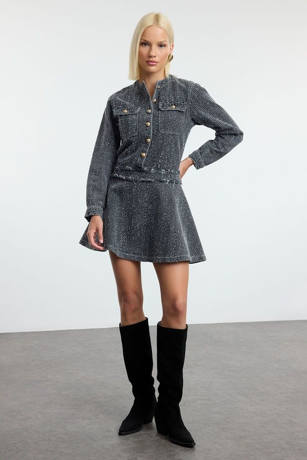 Trendyol Trendyol Grey Pocket Detailed Textured Mini Denim Dress