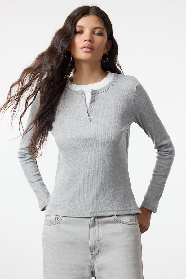 Trendyol Trendyol Grey Regular/Normal Pattern Snap Fastener Long Sleeve Ribbed Flexible Knit Blouse