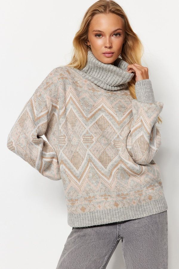 Trendyol Trendyol Grey Self-Patterned Soft Texture Turtleneck Knitwear Sweater