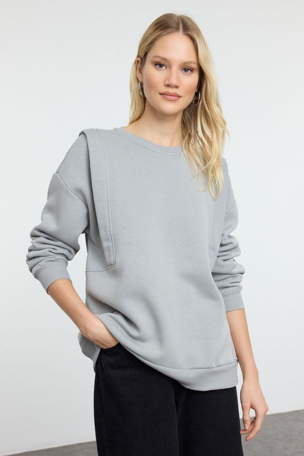 Trendyol Trendyol Grey Thick Polar Fleece Relaxed/Comfortable Cut Sleeve Detailed Knitted Sweatshirt