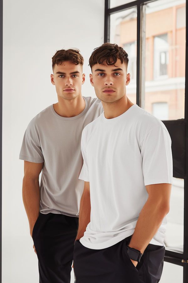 Trendyol Trendyol Grey-White Basic Slim Fit/Slim Cut 100% Cotton 2-Pack Short Sleeve T-Shirt