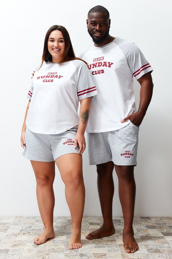 Trendyol Trendyol Grimelange Raglan Sleeve Printed Couple Knitted Plus Size Pajama Set with Shorts