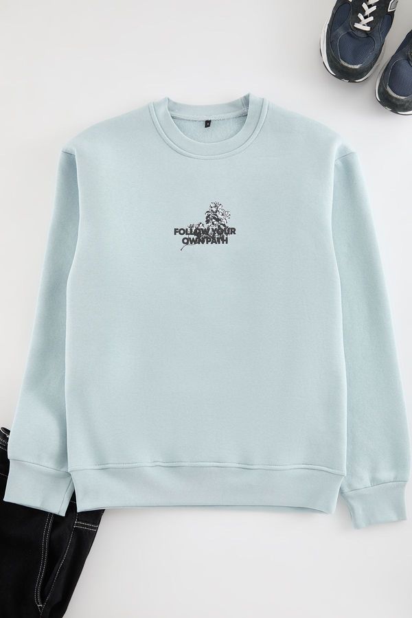 Trendyol Trendyol Ice Blue Regular Cut Floral and Text Printed Sweatshirt