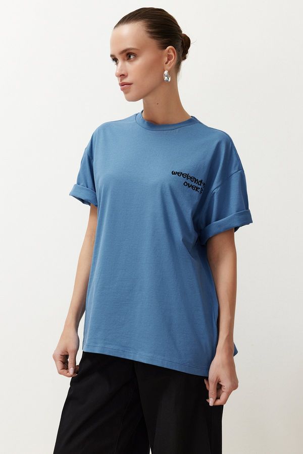 Trendyol Trendyol Indigo 100% Cotton Motto Printed Oversize/Wide Fit Short Sleeve Knitted T-Shirt