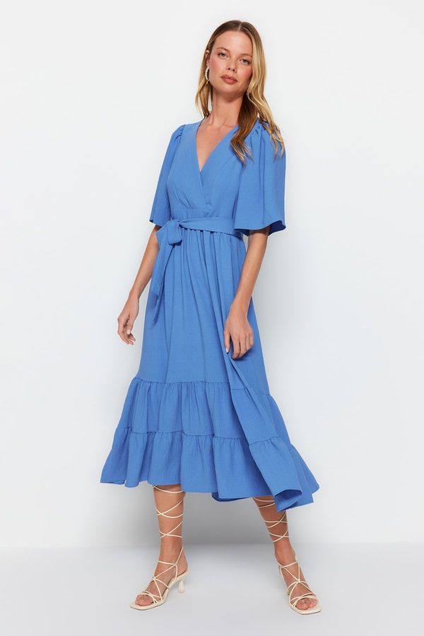 Trendyol Trendyol Indigo Belted A-Cut Double Breasted Collar Back Detail Midi Woven Dress