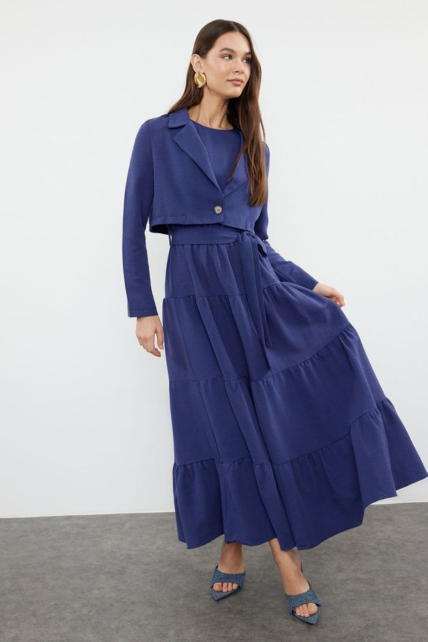 Trendyol Trendyol Indigo Belted Dress Crop Jacket Woven Suit