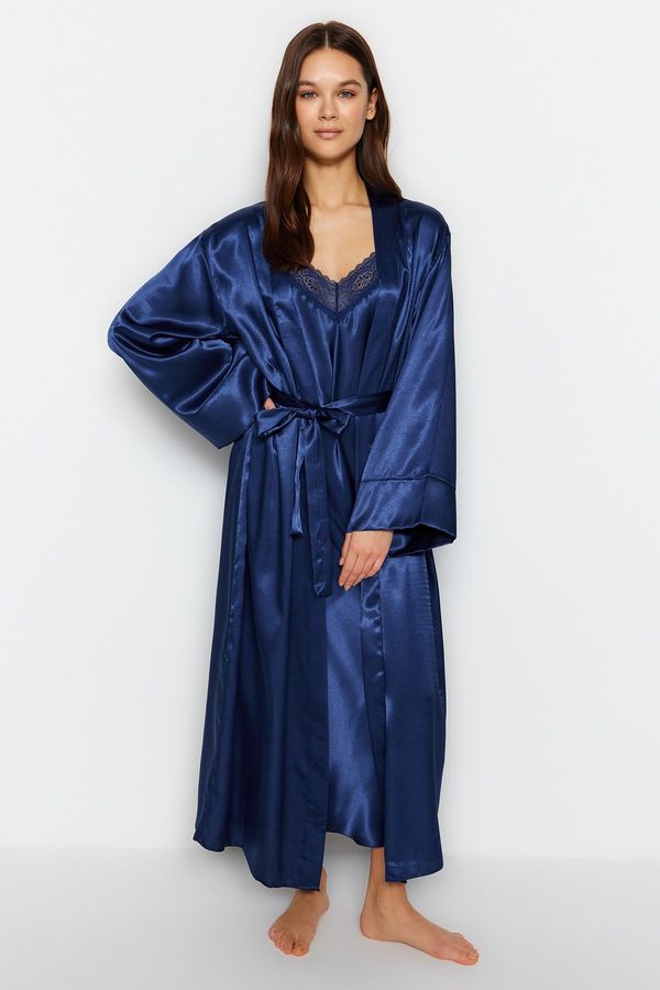 Trendyol Trendyol Indigo Belted Satin Woven Dressing Gown